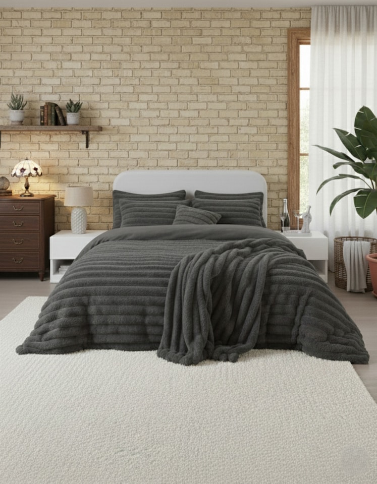 image 1 of Luxury Teddy Cord Design Bedding Set Ultra Soft Cozy Stylish Comfort | Grey | Double