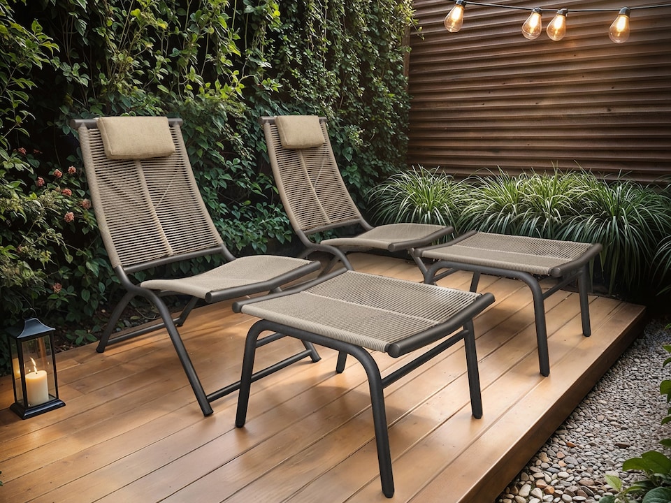 image 1 of SOLACE+CO Esen Set of 2 Garden Lounge Chairs with Footstool Dark Brown