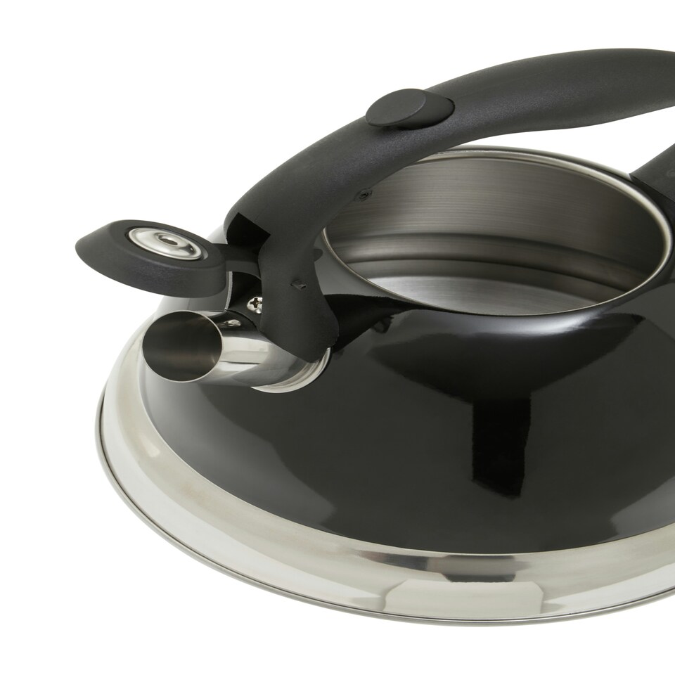image 1 of Interiors by Premier Black 3000ml Whistling Kettle, Sleek Stainless Steel Stovetop Kettle With Whistle & Soft Touch Handle,