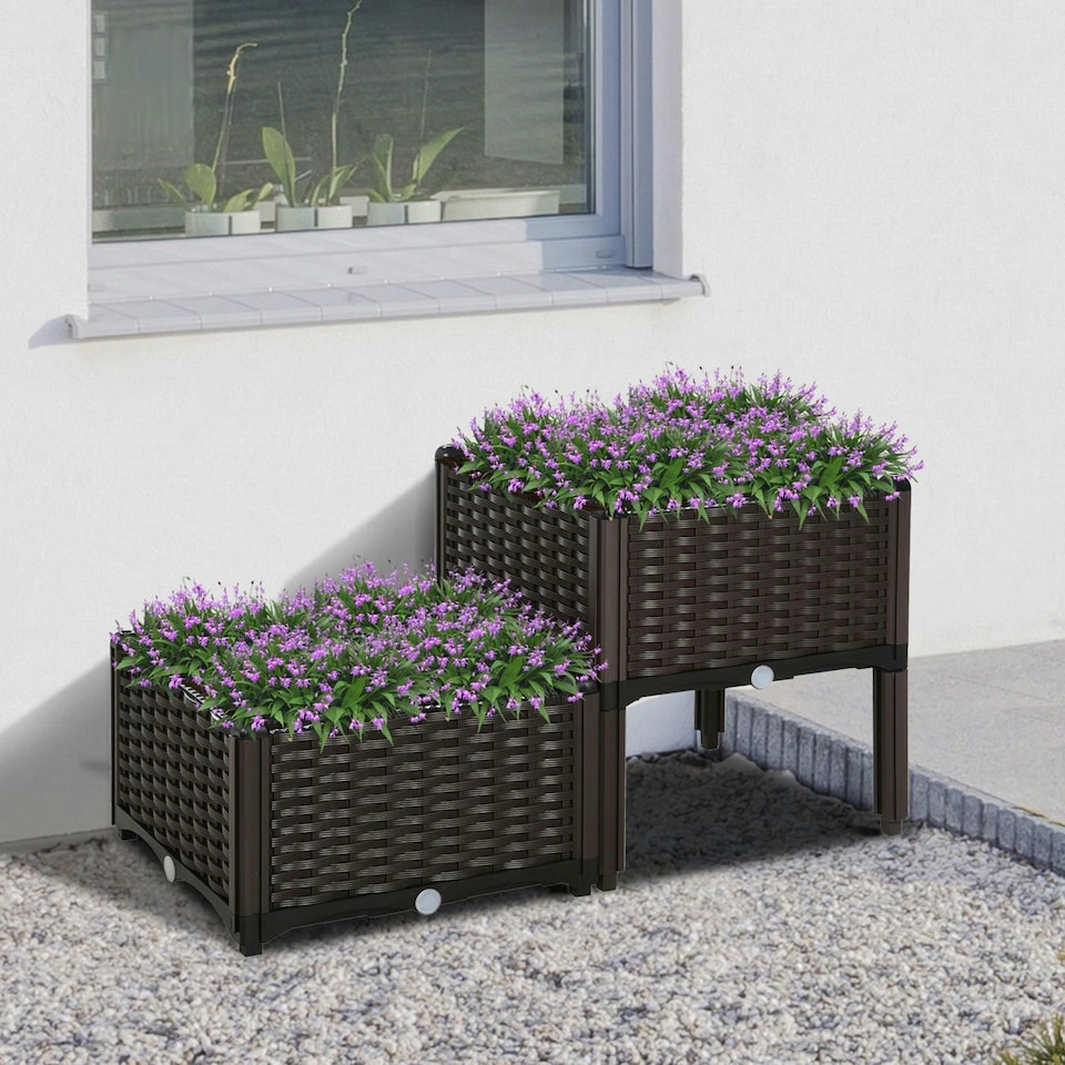image 1 of Outsunny 2-piece Elevated Flower Bed Vegetable Herb Planter Plastic, Brown