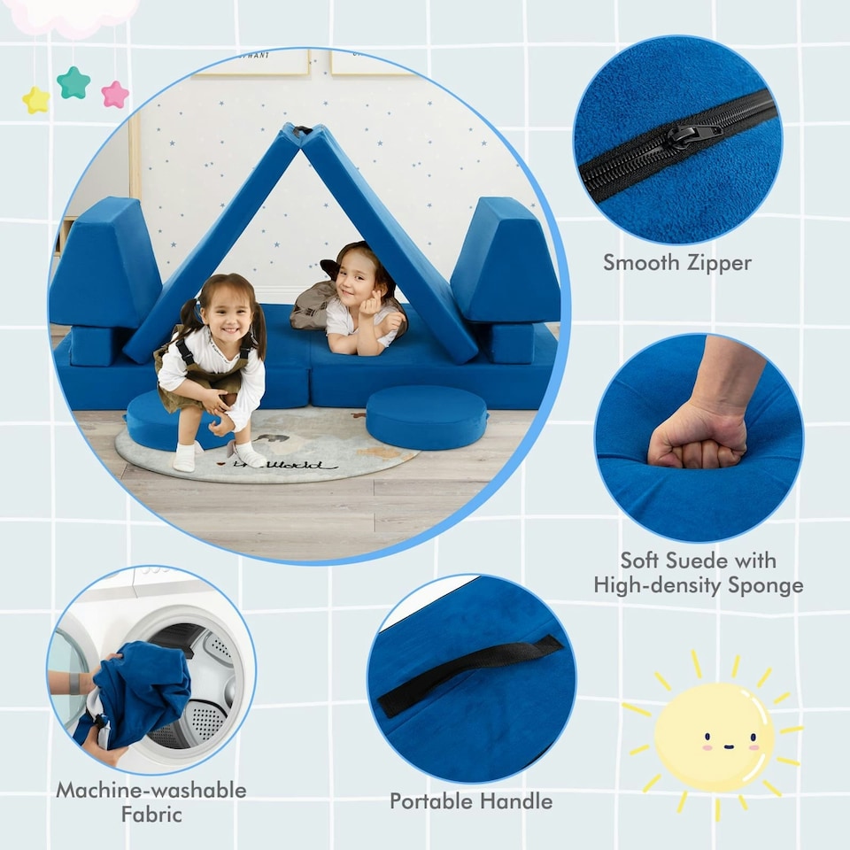 image 1 of COSTWAY 8-Piece Kids Play Couch Sofa Convertible Foam Sofa-Blue | Blue | Chair