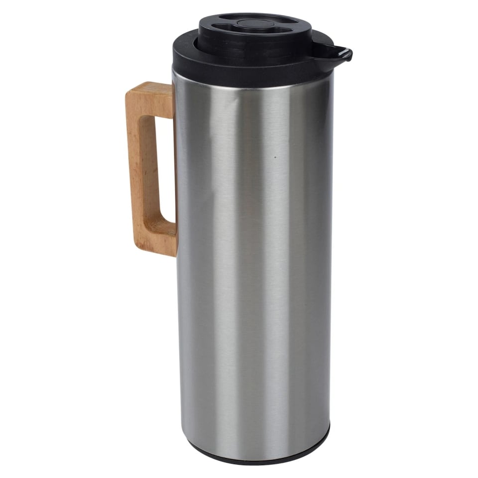 image 1 of 1L Thermal Vacuum Jug Carafe Double Wall Insulated Stainless Steel Wooden Handle