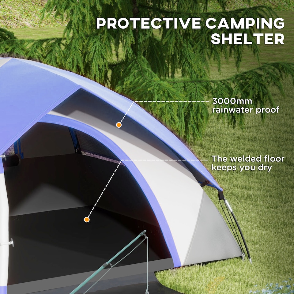 image 1 of Outsunny 2 Man Camping Tent w/ Sewn-in Groundsheet, 3000mm Waterproof, Blue