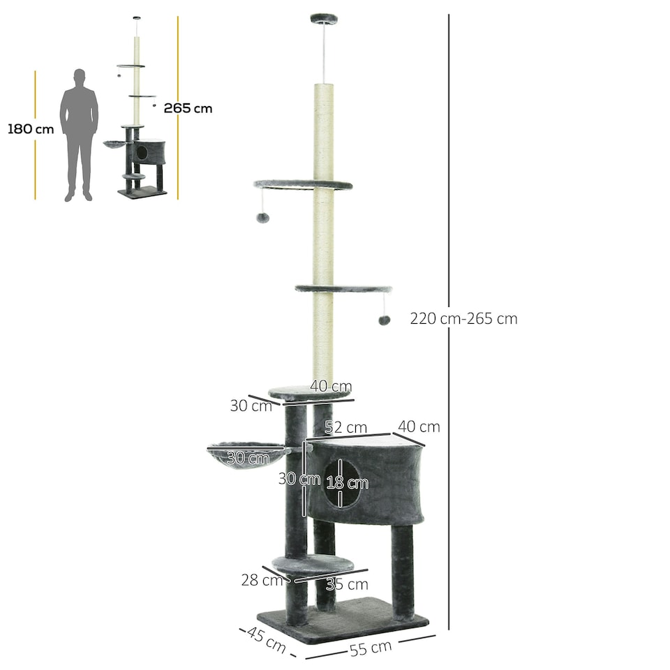 image 1 of PawHut Floor to Ceiling Cat Tree Adjustable Height 220-265cm, Dark Grey