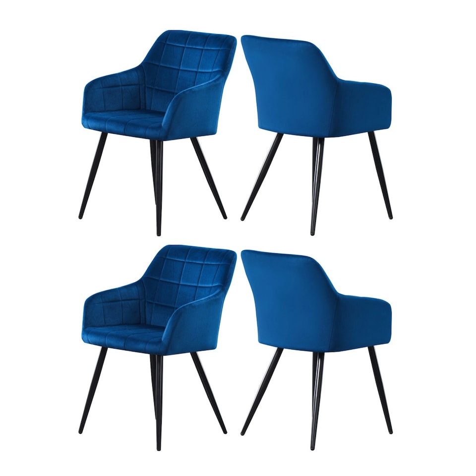 image 1 of Set of 4 Camden Modern Velvet Dining Chairs with Armrests, Quilted Design & Black Metal Legs | Blue