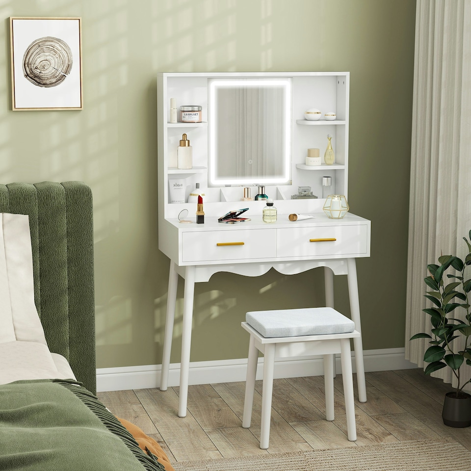 image 1 of HOMCOM Dressing Table with LED Lighted Mirror and Cushioned Stool White | White | Gold | 80W x 40D x 137.5H cm