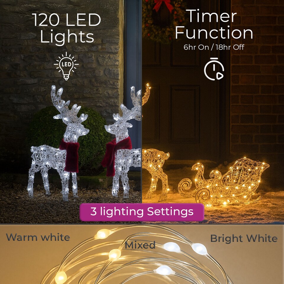 image 1 of Neo 120 Indoor Outdoor LED Light Up Reindeer and Sleigh Christmas Decoration Festive Display with Dual Light Effects Timer Red Scarves Weatherproof Frame 5m Lead Wire
