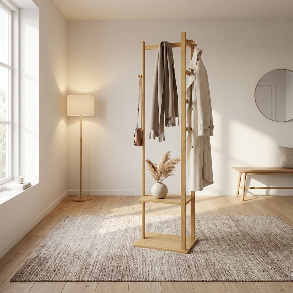 image 1 of Narrow Wooden Clothes Rail With 2 Shelves Brown | One Size