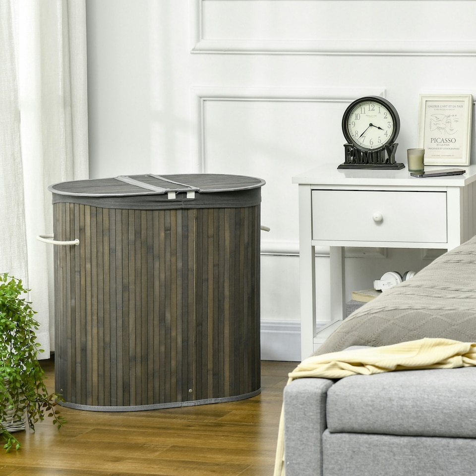 image 1 of HOMCOM 100L Bamboo Laundry Basket w/ 2 Compartments Washing Baskets Grey