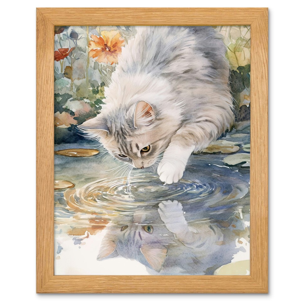 image 1 of Cat Lover Cute Kitten Pond Lake Watercolour Wood Framed Wall Art Print