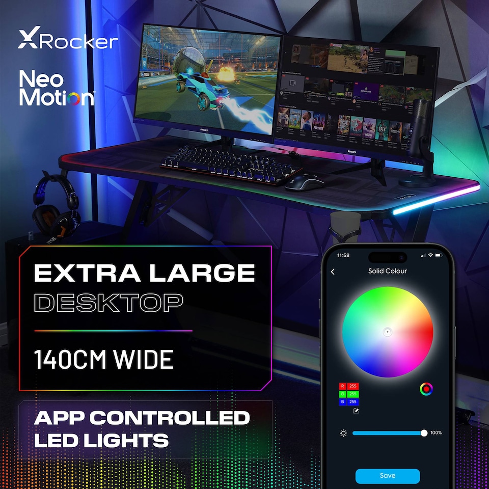 image 1 of X Rocker Lumio XL 140cm LED Gaming Desk with Full Mousepad - Carbon Black RGB
