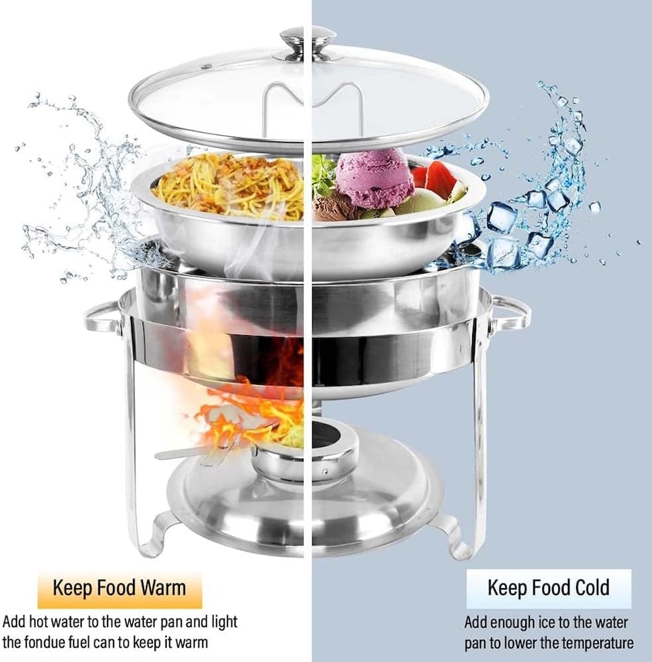 image 1 of Stainless Steel Round Chafing Dish Buffet Dish Party Food Warmer with Glass Lid, 4.5 LTR, 30cm, Silver