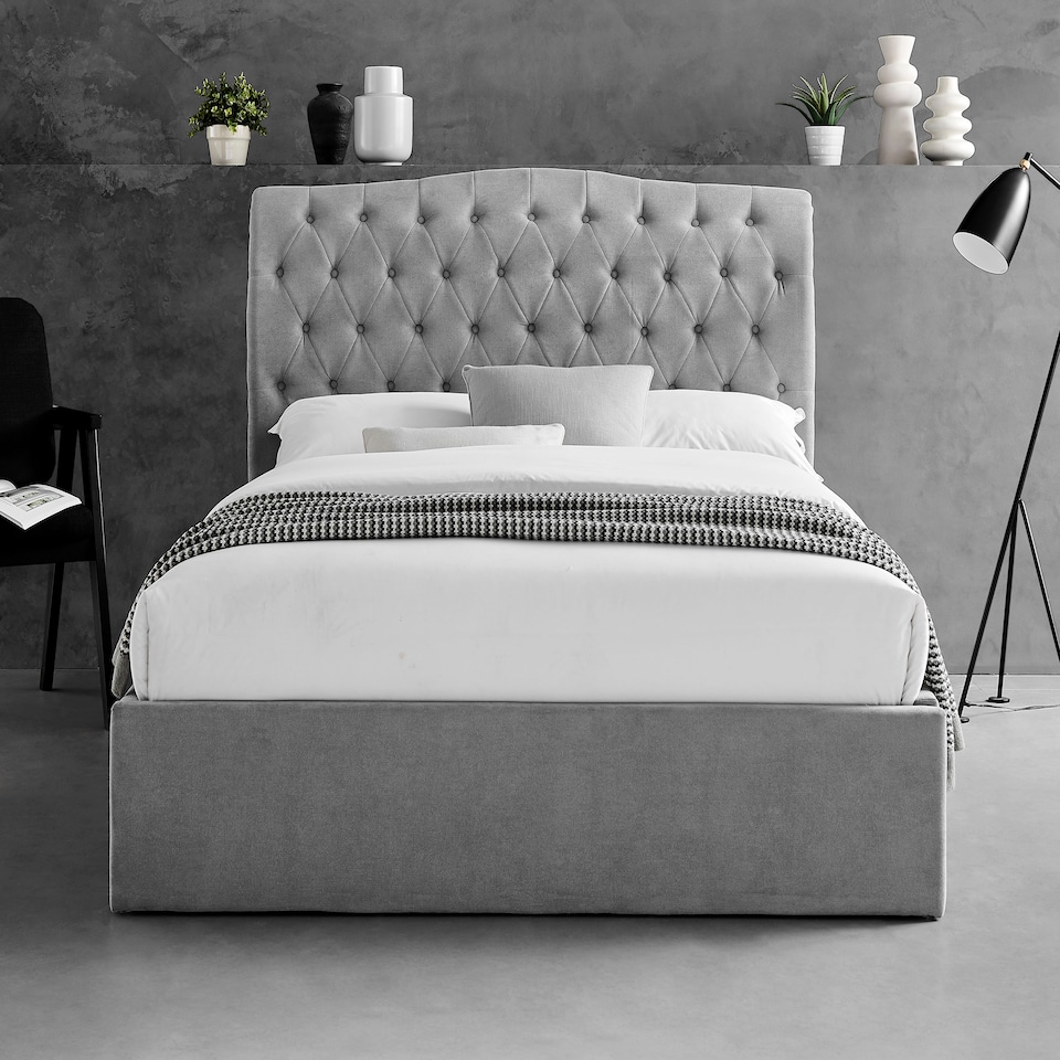image 1 of 4ft6 Double Ottoman gas liftup storage bed frame,fabric upholstered, light grey,buttoned back,curved bed frame,bedstead