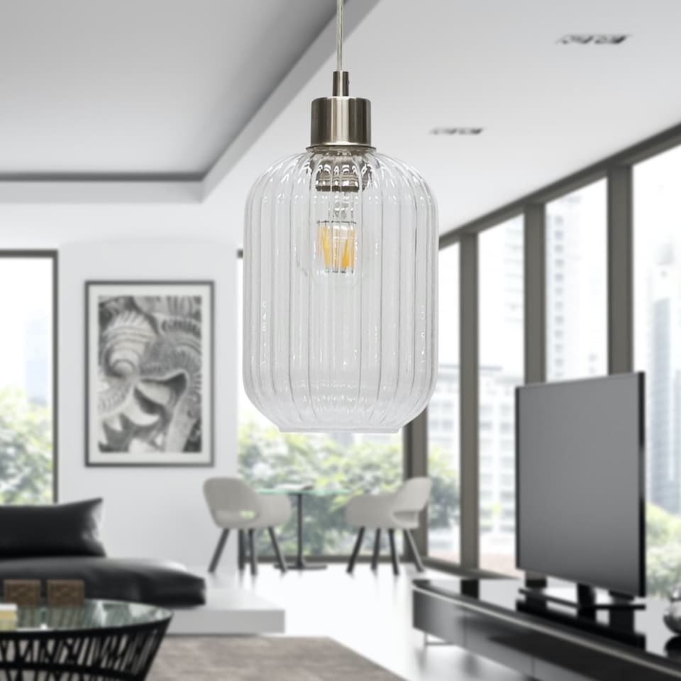 image 1 of Set of 2 Batley - Clear Ribbed Glass with Satin Nickel Pendant Fittings | Clear | Clear | 2