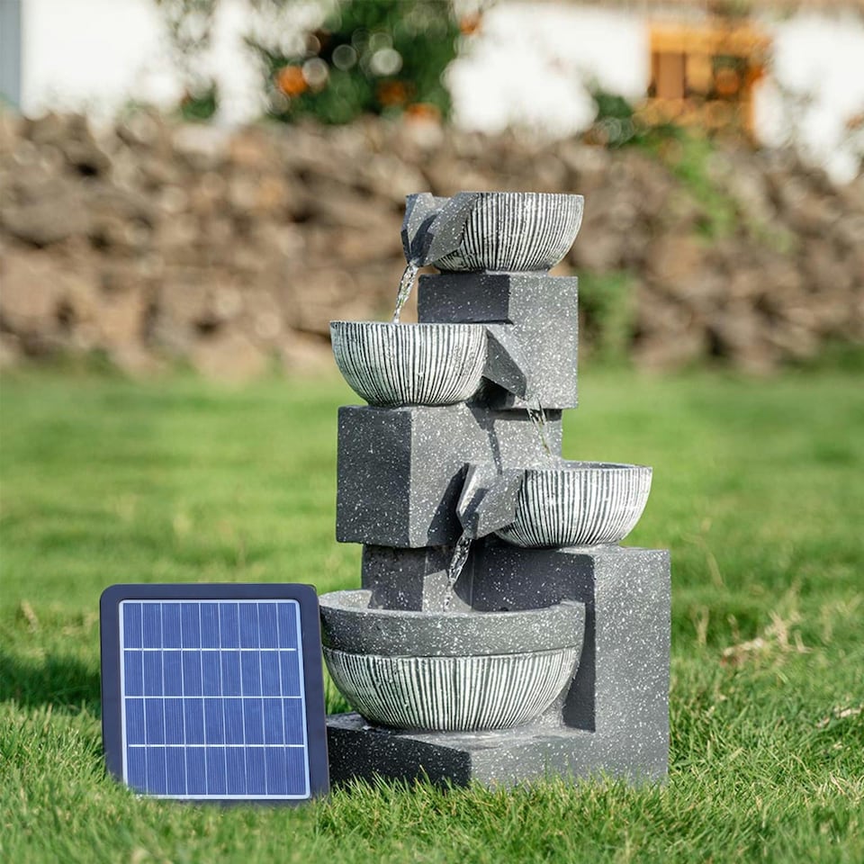 image 1 of Living and Home Solar Water Fountain Rockery 4-Tier Bowls with LED Light | Grey