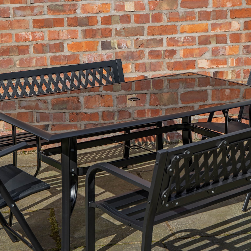 image 1 of Outdoor 6 Person Rectangular Glass Top Garden Dining Table Benches & Chairs Set