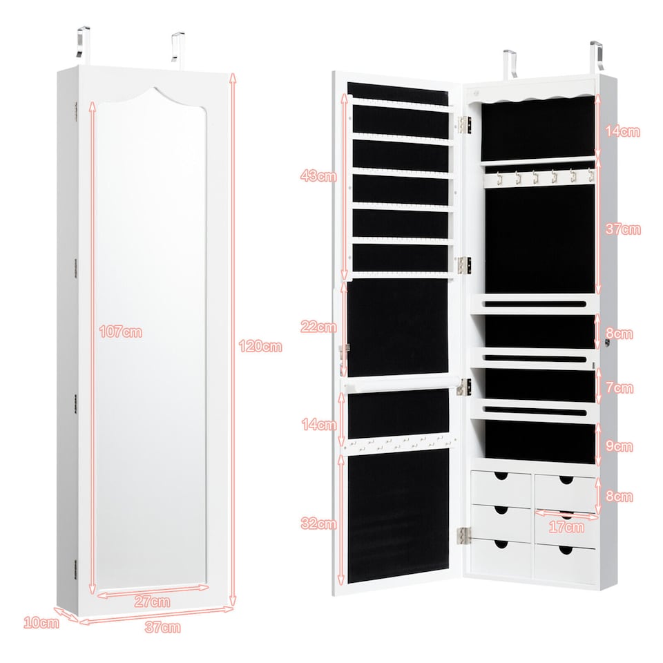 image 1 of COSTWAY Jewelry Cabinet Lockable Wall/Door Mounted Jewelry Armoire 5 LED Light Xmas Gift