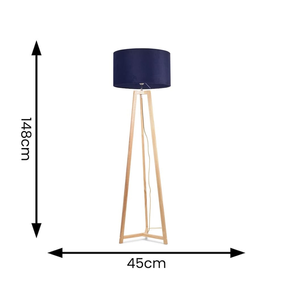 image 1 of ValueLights Lottie Natural Wood Tripod Floor Lamp Navy Blue Velvet Shade | Blue