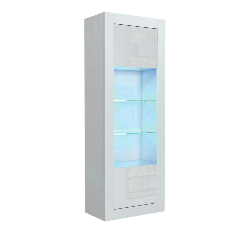 image 1 of Tall Cabinet 170cm White Gloss Doors White Matt Body Free LED Light | White