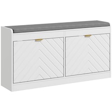 HOMCOM Shoe Storage Bench, Narrow Shoe Bench with 2 Flip Drawers, Seating Cushion and 4 Vents for 8 Pairs of Shoes for Entryway, Hallway, White | White | White