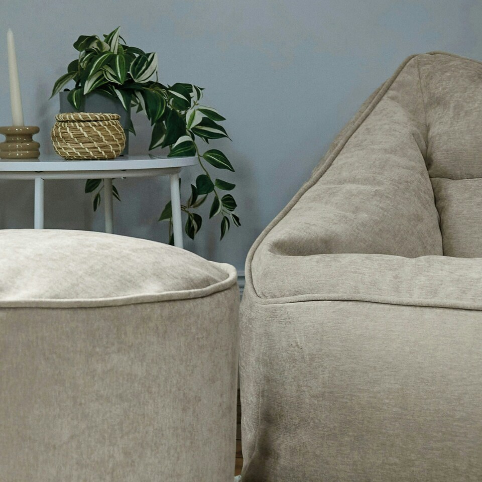 image 1 of icon Natalia Chenille Adults Bean Bag Armchair and Pouffe, Ready Filled Large Beanbag and Footstool Natural Beige Cream | Cream