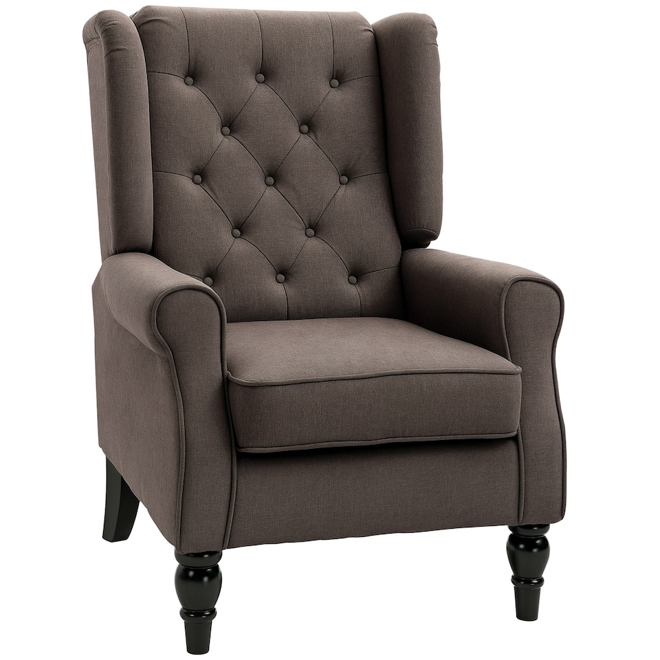 image 1 of HOMCOM Accent Chair Wingback Armchair Retro Tufted Club Wood Fabric, Brown