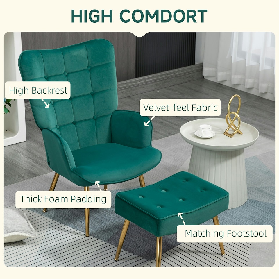 image 1 of HOMCOM Button Tufted Armchair with Footstool and Gold Legs Dark Green