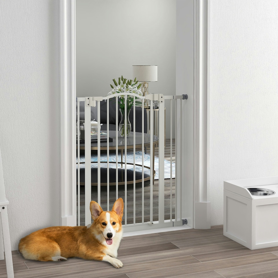 image 1 of PawHut 74-87cm Adjustable Metal Pet Gate Safety Barrier w/ Auto-Close Door White