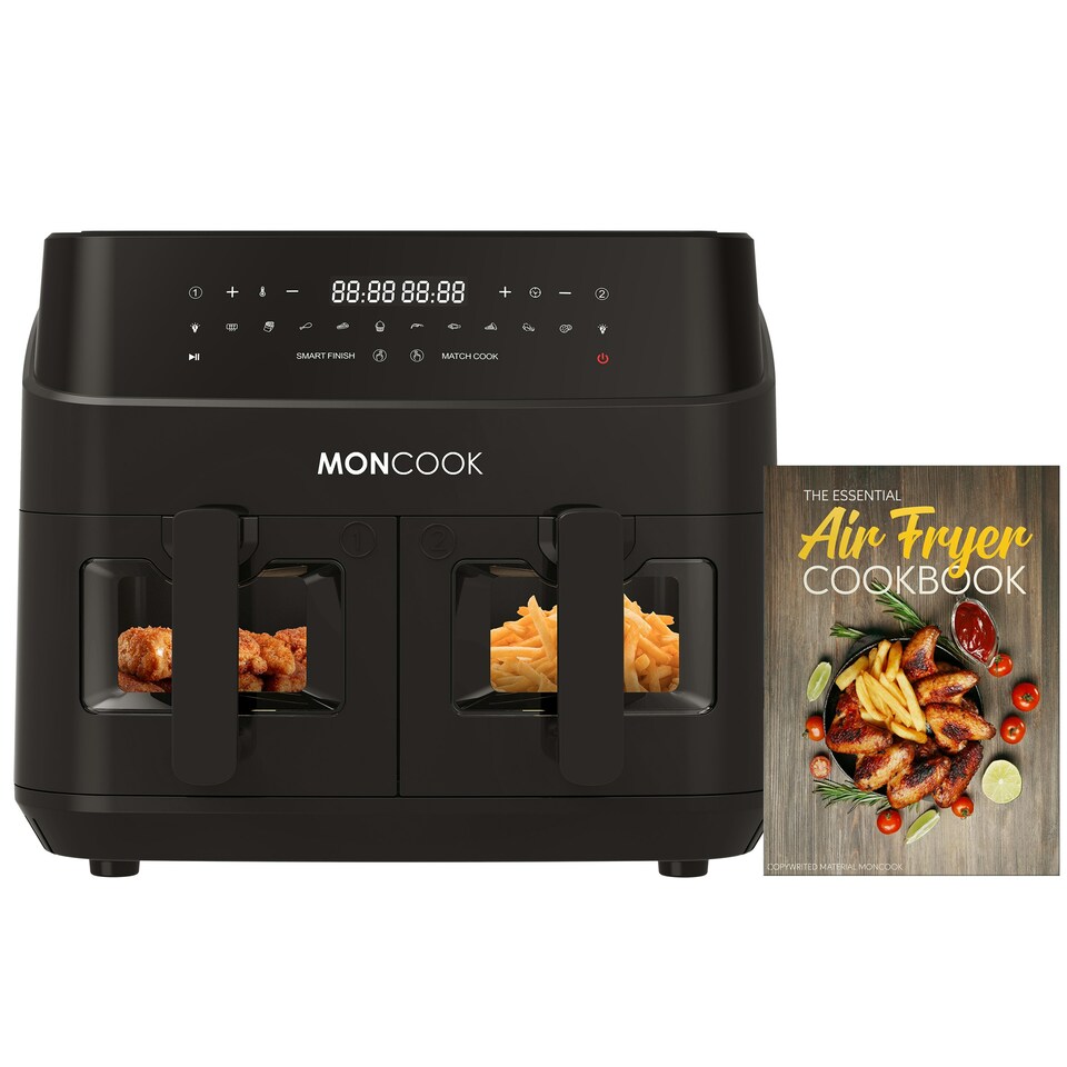 image 1 of MONCOOK Dual Air Fryer - 12 In 1 Dual Airfryer 9L With 2 x 4.5L Baskets - 50 Recipe Cookbook - Digital LED Display - Viewing Glass