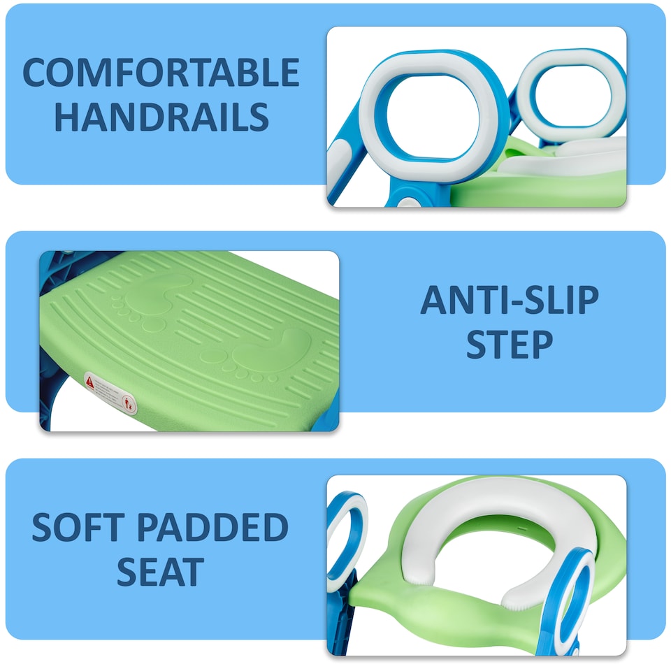image 1 of Children Baby Toddler Kid Potty Training Toilet Seat Trainer Urinal Chair with Ladder, Green & Blue