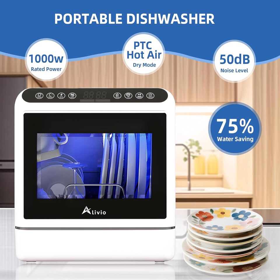 image 1 of Alivio Portable Dishwasher with 6L Water Tank - Dual Water Supply High-Temp Sanitizing & Hot Air Dry (White)