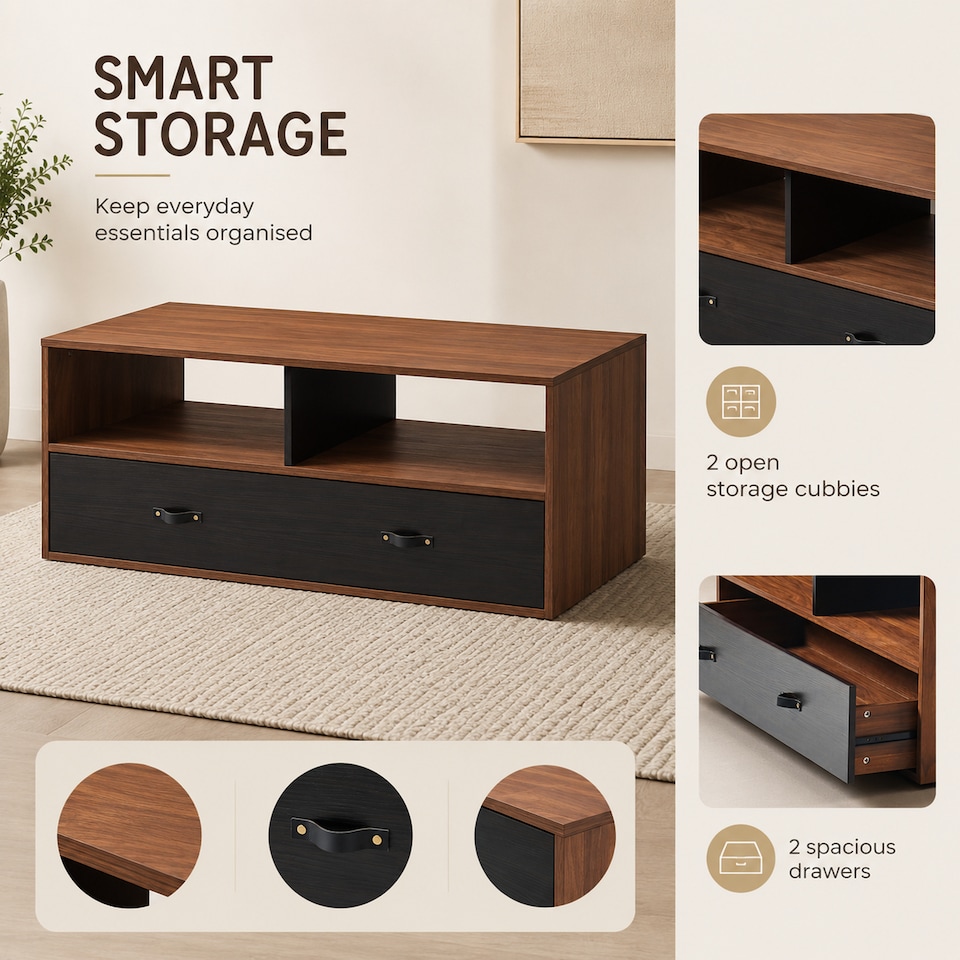 image 1 of Teamson Mid Century Coffee Table with Drawers & Open Storage Shelves