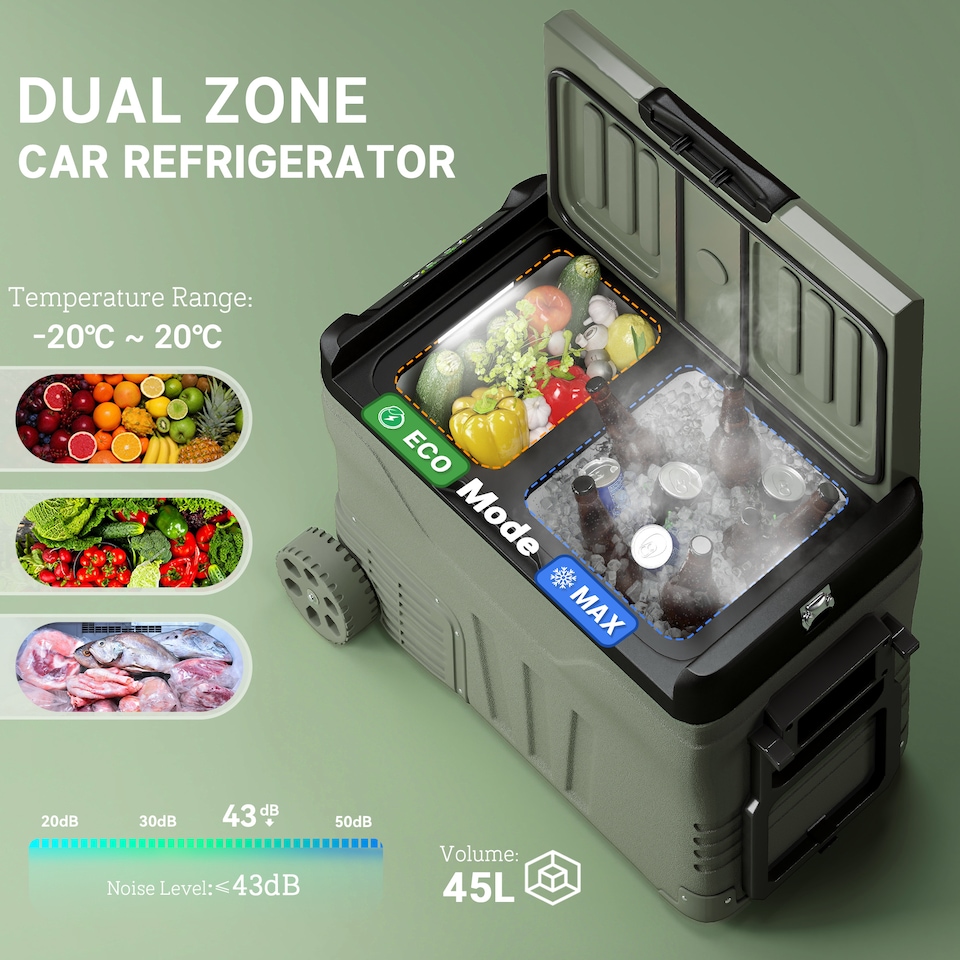 image 1 of Outsunny 45L Camping Fridge Freezer Dual Zone, Portable Car Fridge 12V/24V DC & 100-240V AC, Electric Cool Box -20℃-20℃ with Wheels and LED Light, for Travel, RV, Road Trip, Picnic (Energy Class E)