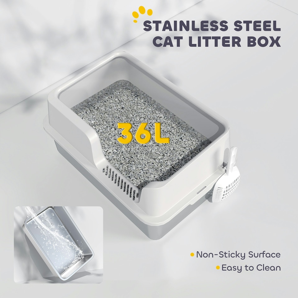 image 1 of PawHut Stainless Steel Litter Box, High Sided Metal Cat Litter Tray w/ Scoop Grey