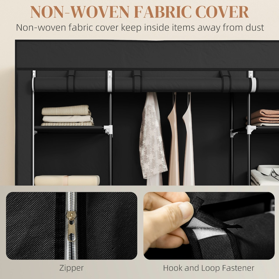 image 1 of HOMCOM Fabric Wardrobe with 10 Shelves 1 Hanging Rail Foldable Closets Black