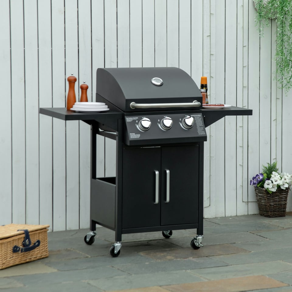image 1 of Outsunny 3 Burner Gas Grill Portable BBQ Trolley w/ 4 Wheels and Side Shelves