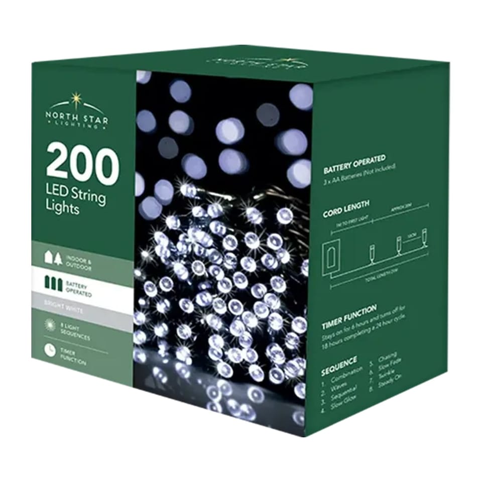 200 Bright White LED Battery Operated String Lights 20.9m - Tesco Groceries