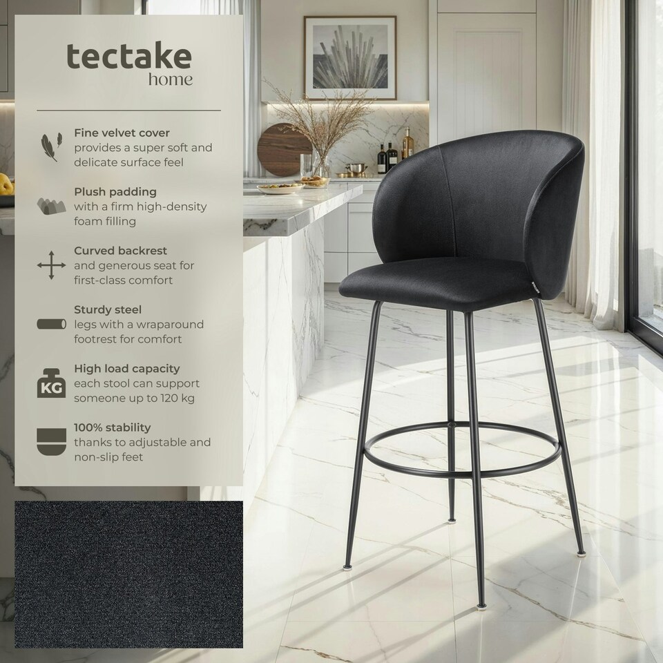 image 1 of Bar Stool Luana - with backrest, velvet look and padded - Set of 6 Black