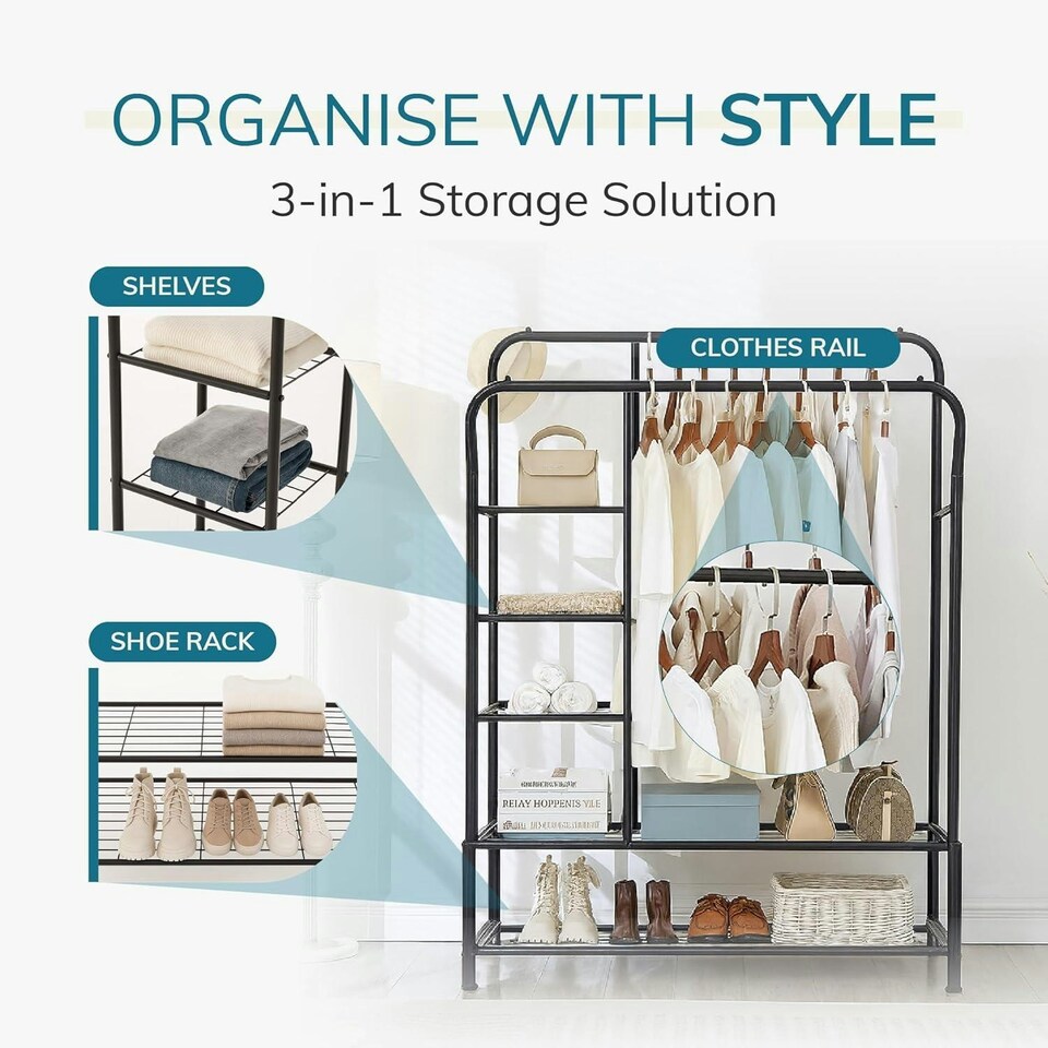 image 1 of Clothes Rail with Double Hanging & Shelves Black Metal Garment Rack Heavy Duty Black | One Size