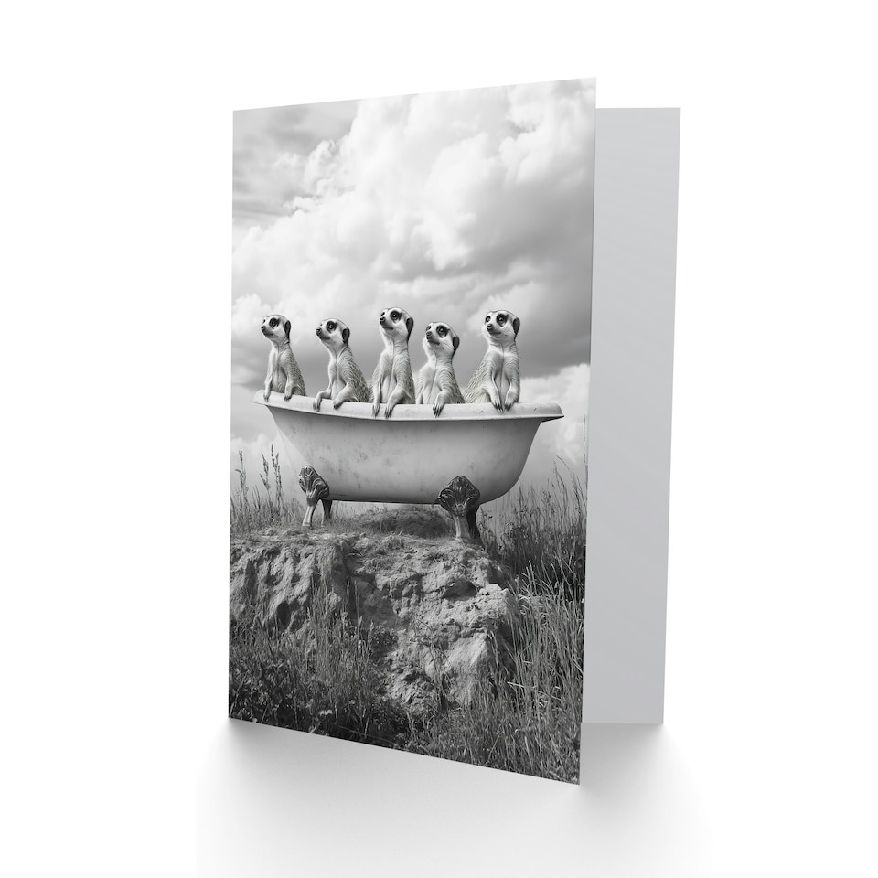 image 1 of Meerkats in a Bathtub in Desert Black White Photo Birthday Greeting Card