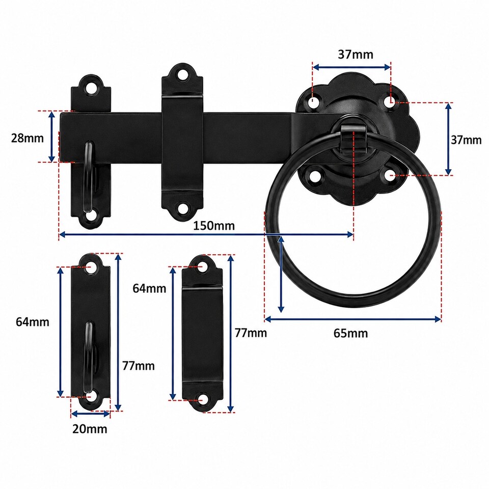 image 1 of Garden Side Gate Fixing Kit 3x Tee Hinges Ring Latch & Brenton Bolt Set Black Powder Coated