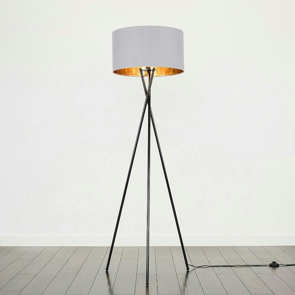 image 1 of ValueLights Camden Black Tripod Floor Lamp Grey & Gold Shade & Bulb Gold