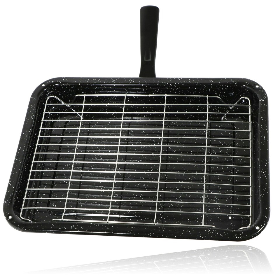 image 1 of SPARES2GO Universal Oven Grill Pan Small Medium Rack & Detachable Handle (Non-Stick Vitreous Enamelled)