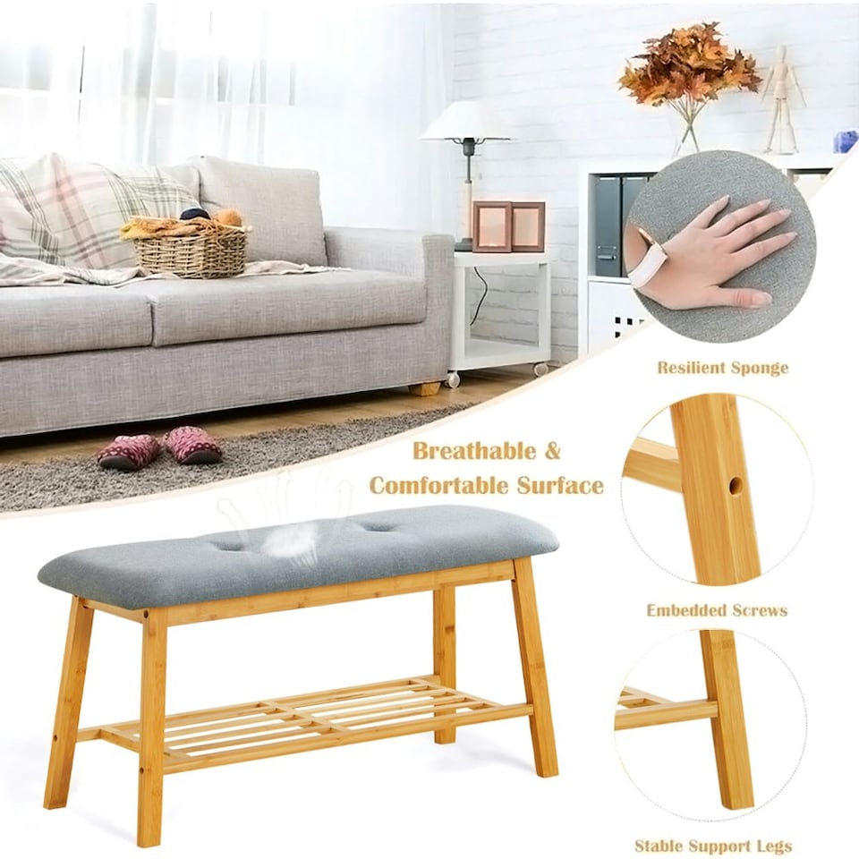 image 1 of Living and Home Bamboo Shoe Bench with Upholstery for Entryway