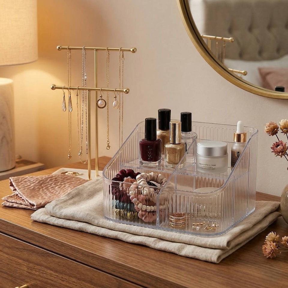 image 1 of Clear Plastic Makeup Organiser 6 Compartment Cosmetic Storage Holder | Clear | Clear | 1