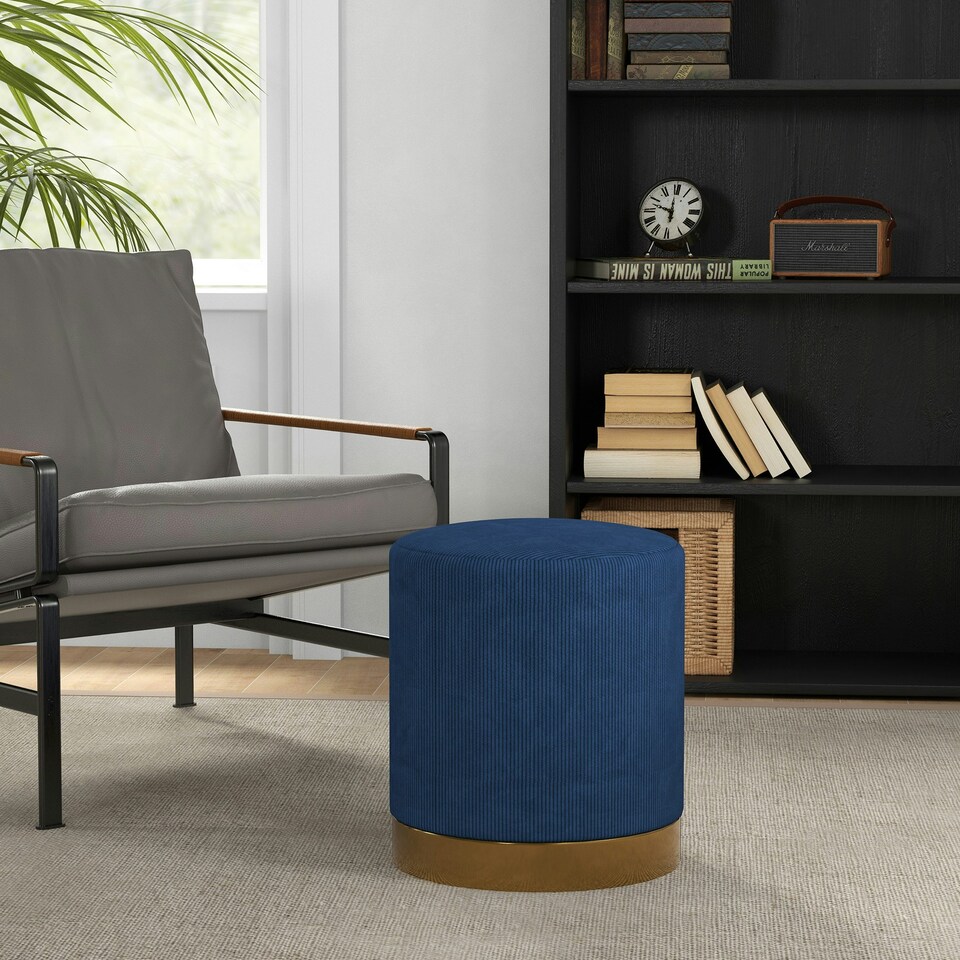 image 1 of HOMCOM Modern Round Footstool, Fabric Upholstered Foot Rest, Dark Blue