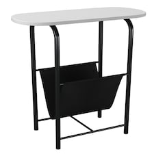 Slim Oval Side End Table with Magazine Holder Sling Rack Coffee Snacks Newspapers | Multi | White