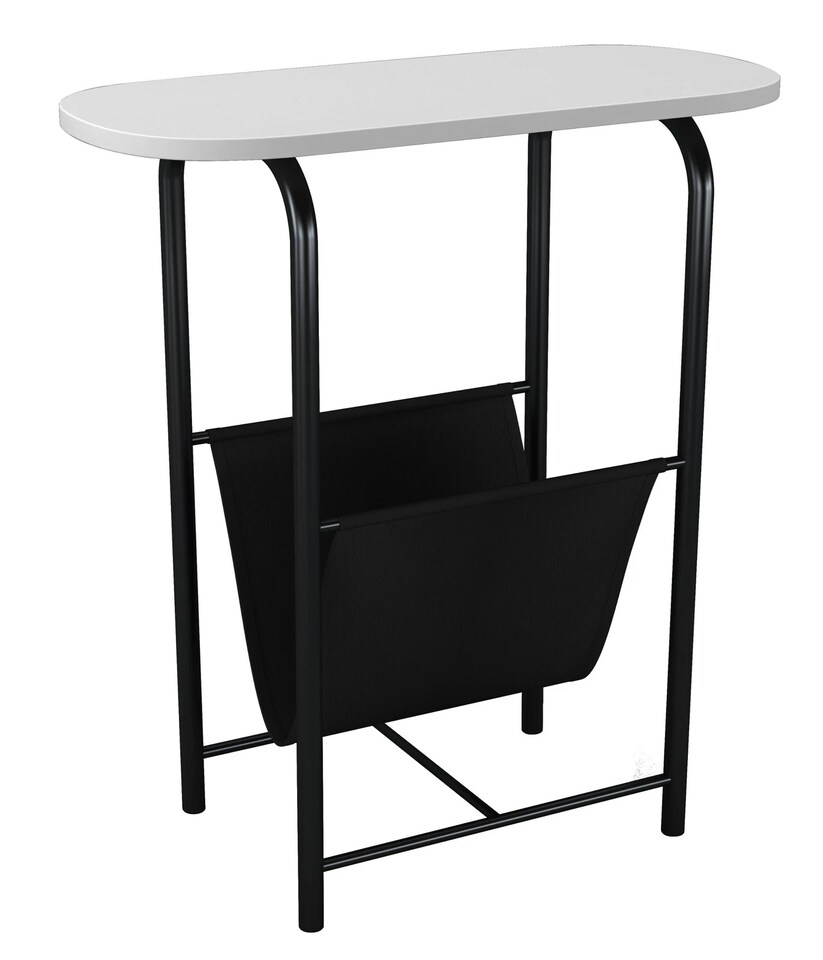image 1 of Slim Oval Side End Table with Magazine Holder Sling Rack Coffee Snacks Newspapers | Multi | White