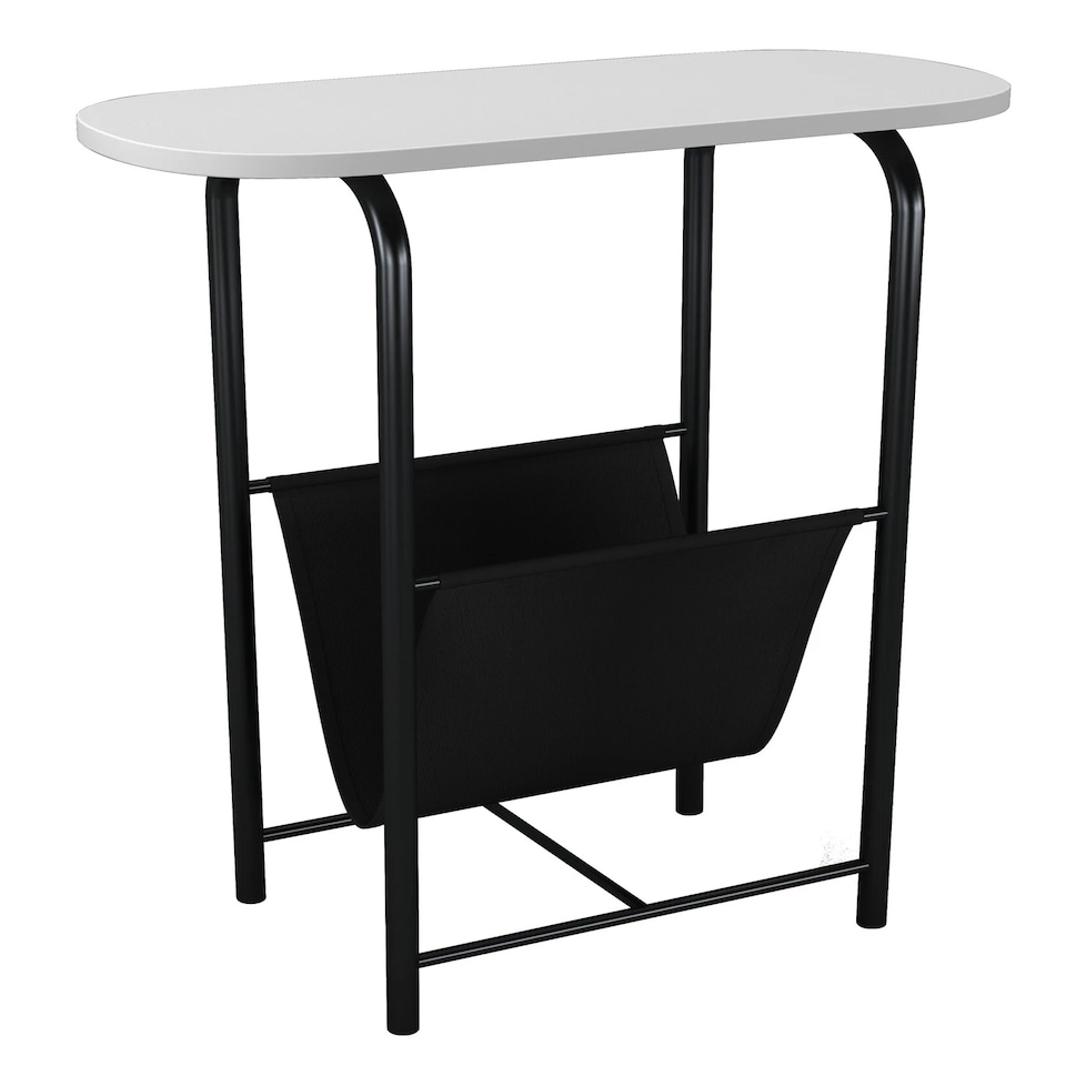 image 1 of Slim Oval Side End Table with Magazine Holder Sling Rack Coffee Snacks Newspapers | Multi | White