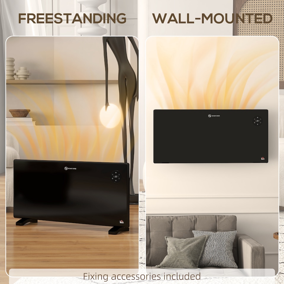 image 1 of HOMCOM 2000W Electric Panel Heater, Freestanding or Wall Mounted, Convector Heater with LED Display, Open Window Detection, Timer, Overheat Protection, Remote Control, Black